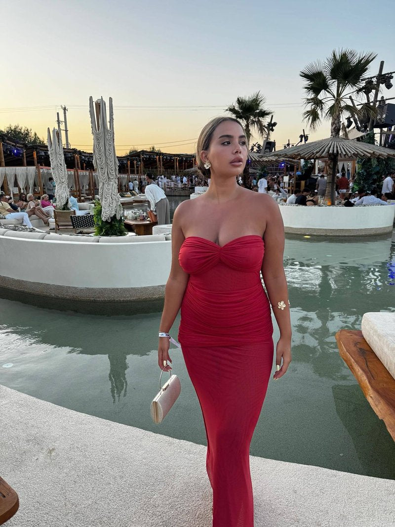 Strapless Ruched Sheer Red Gown H6868