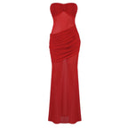 Strapless Ruched Sheer Red Gown H6868