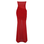 Strapless Ruched Sheer Red Gown H6868