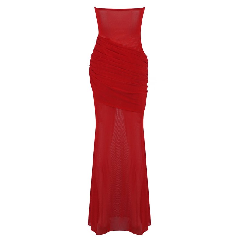 Strapless Ruched Sheer Red Gown H6868