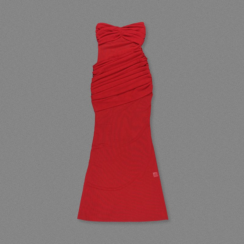 Strapless Ruched Sheer Red Gown H6868