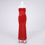 Strapless Ruched Sheer Red Gown H6868