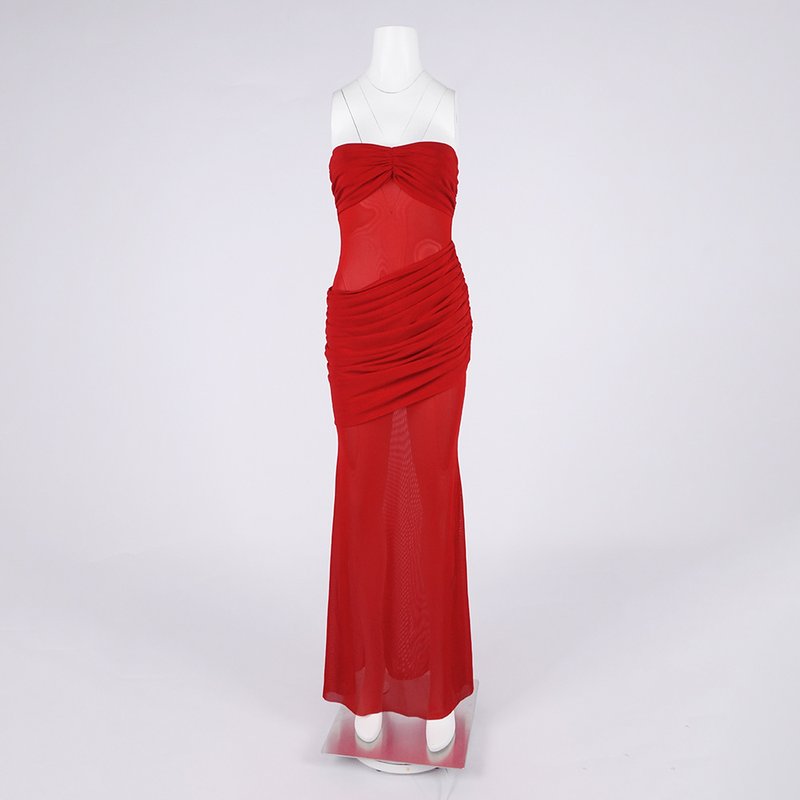 Strapless Ruched Sheer Red Gown H6868