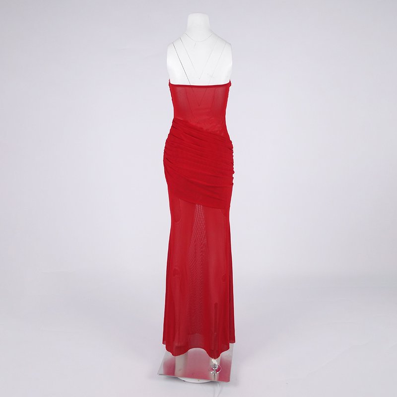 Strapless Ruched Sheer Red Gown H6868