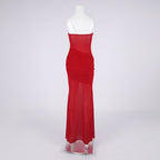 Strapless Ruched Sheer Red Gown H6868