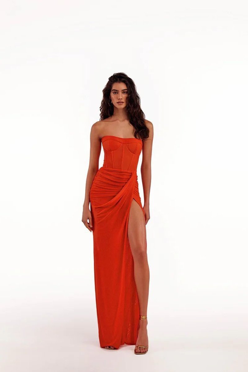 Strapless Ruched Slit Maxi Dress H6055
