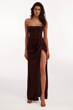 Strapless Ruched Slit Maxi Dress H6055