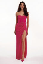 Strapless Ruched Slit Maxi Dress H6055