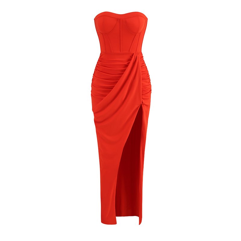 Strapless Ruched Slit Maxi Dress H6055