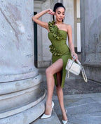 Strapless Ruffle Asymmetric Midi Dress H4236