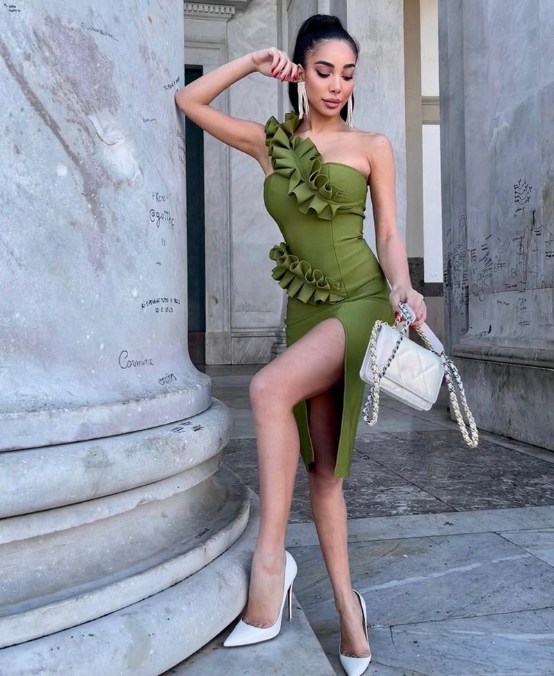 Strapless Ruffle Asymmetric Midi Dress H4236