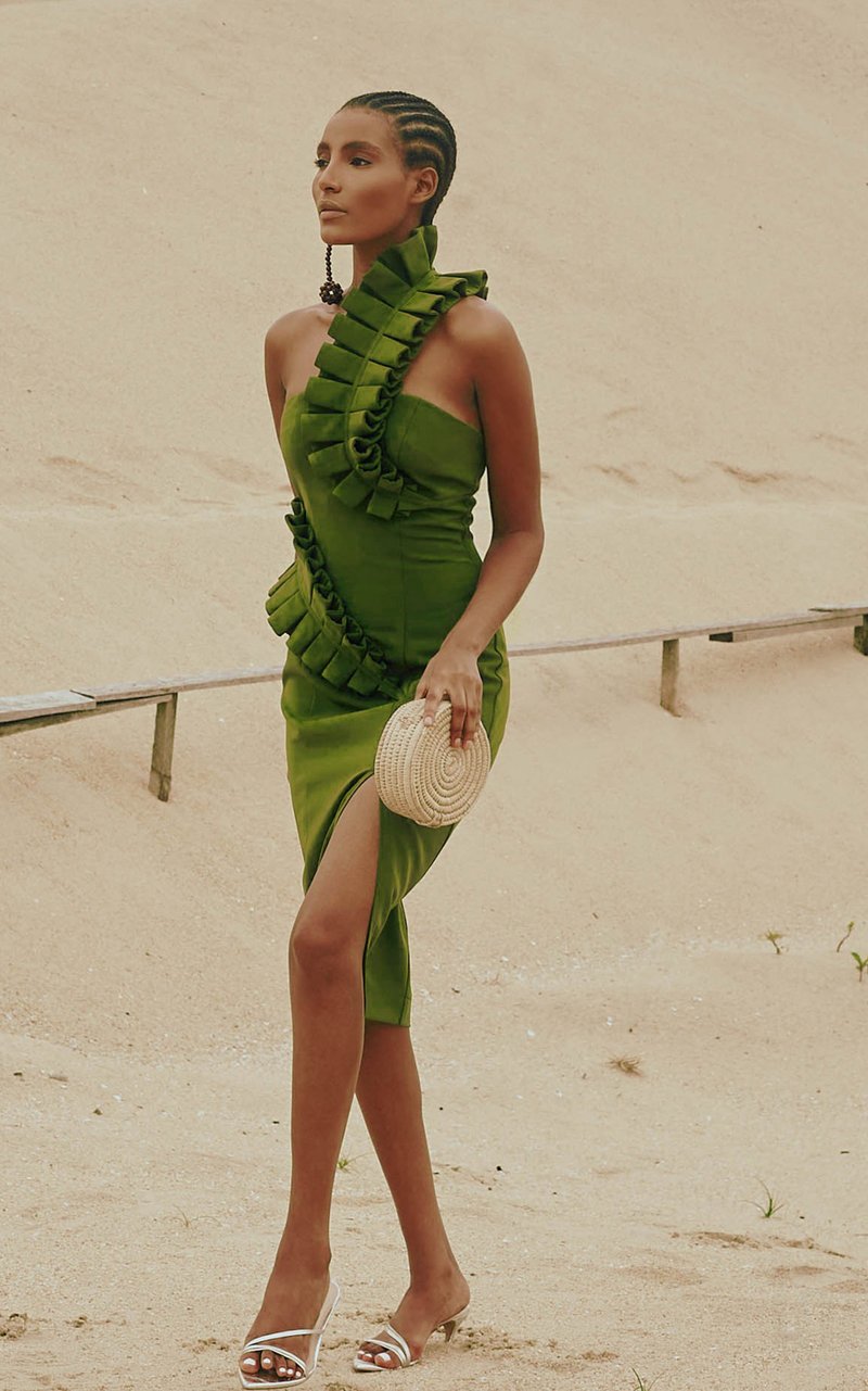 Strapless Ruffle Asymmetric Midi Dress H4236