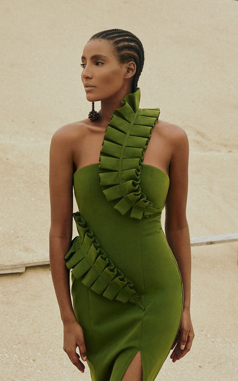 Strapless Ruffle Asymmetric Midi Dress H4236