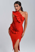 Strapless Ruffle Asymmetric Midi Dress H4236