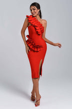 Strapless Ruffle Asymmetric Midi Dress H4236