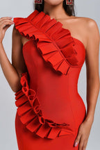 Strapless Ruffle Asymmetric Midi Dress H4236