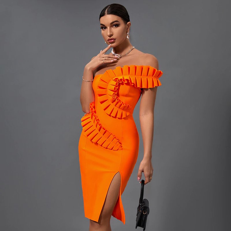Strapless Ruffle Asymmetric Midi Dress H4236