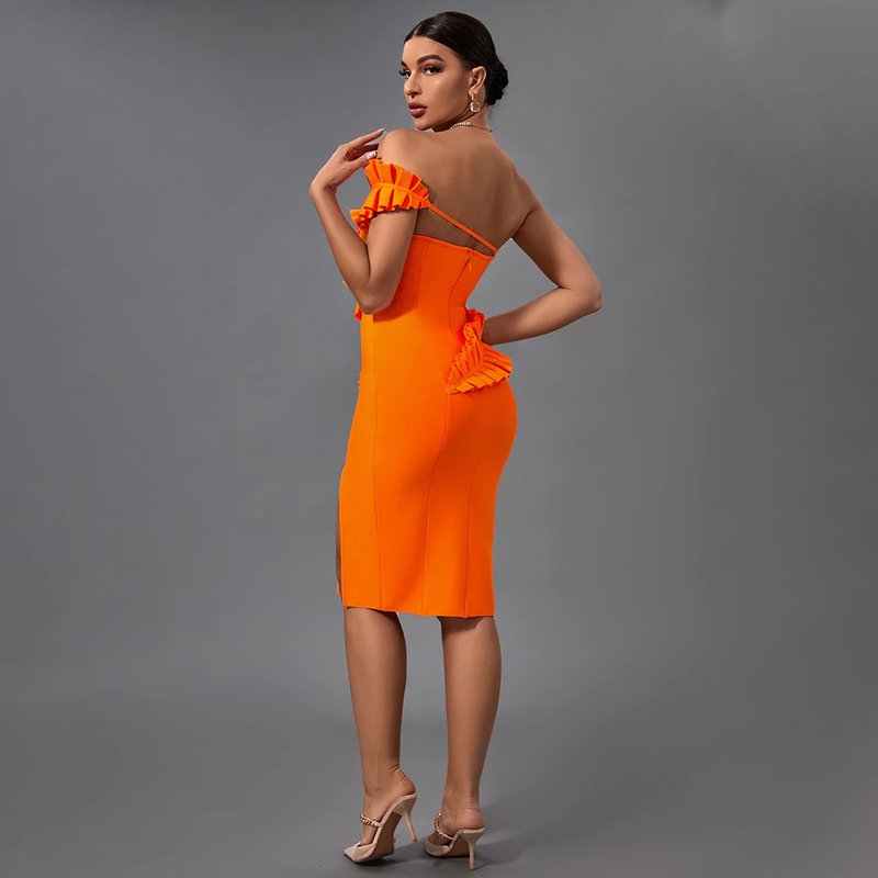Strapless Ruffle Asymmetric Midi Dress H4236