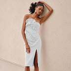 Strapless Ruffle Asymmetric Midi Dress H4236