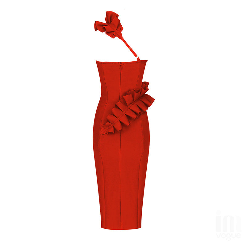 Strapless Ruffle Asymmetric Midi Dress H4236