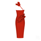 Strapless Ruffle Asymmetric Midi Dress H4236