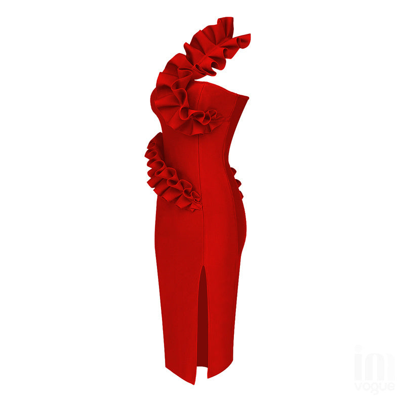 Strapless Ruffle Asymmetric Midi Dress H4236