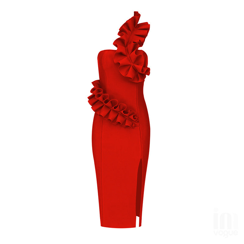 Strapless Ruffle Asymmetric Midi Dress H4236