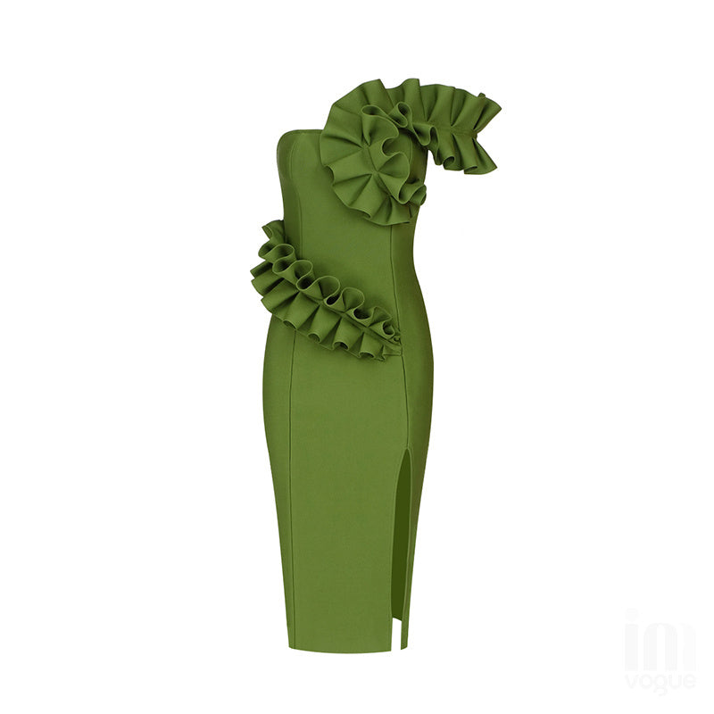 Strapless Ruffle Asymmetric Midi Dress H4236