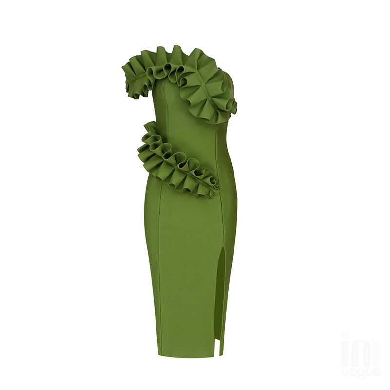 Strapless Ruffle Asymmetric Midi Dress H4236