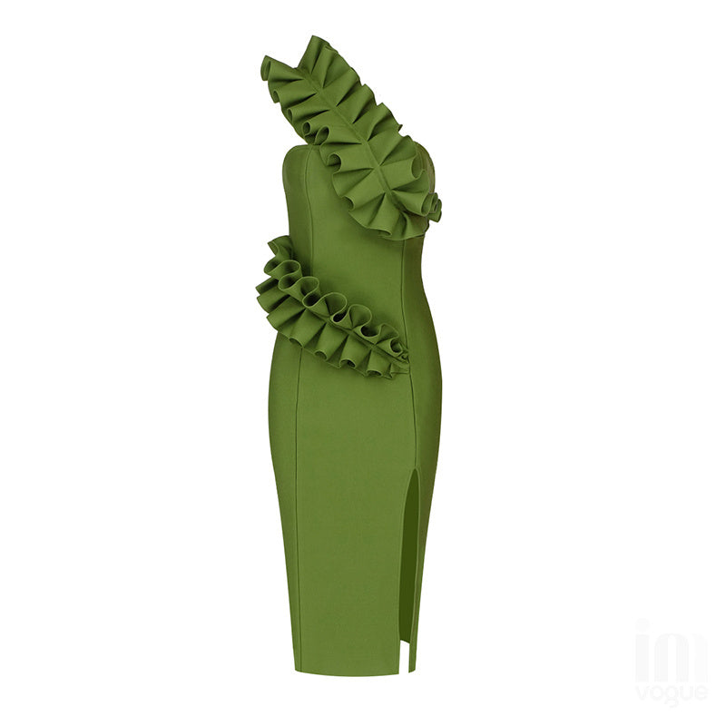 Strapless Ruffle Asymmetric Midi Dress H4236