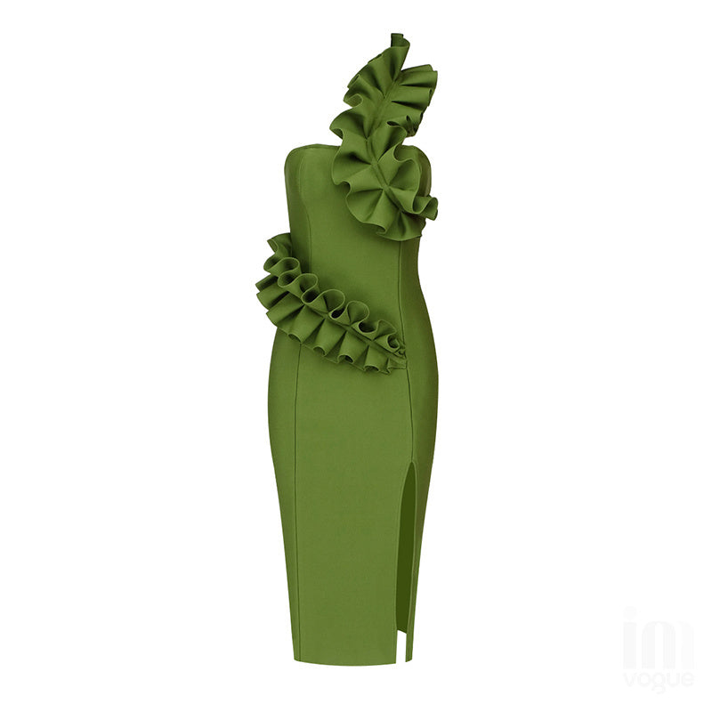 Strapless Ruffle Asymmetric Midi Dress H4236