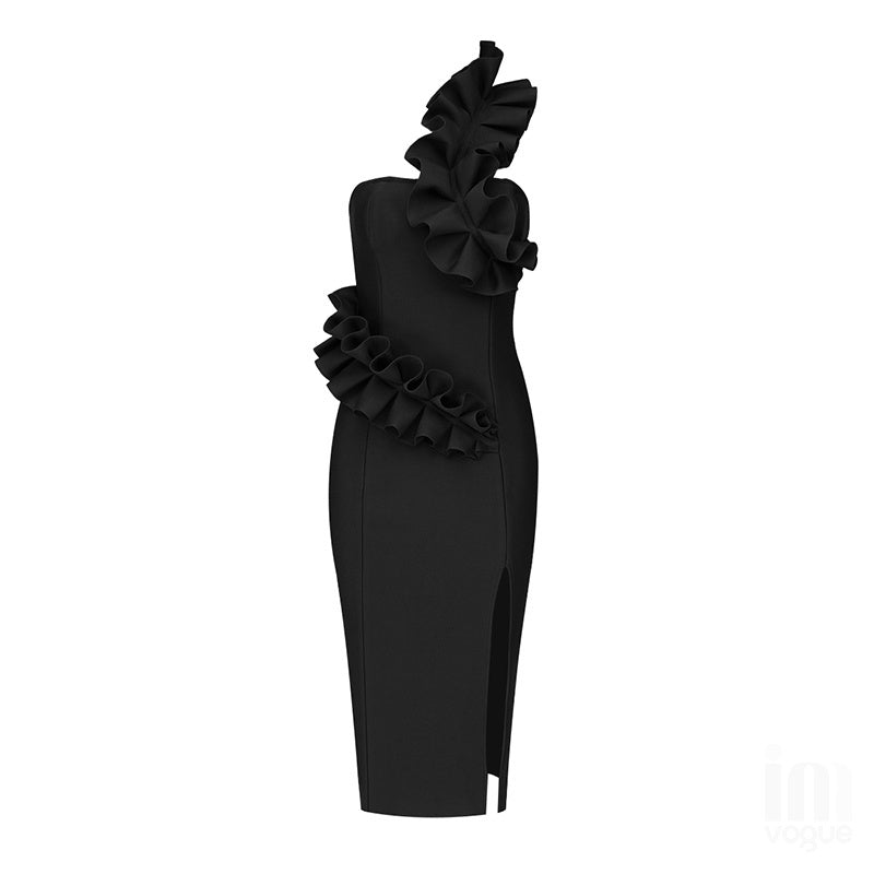 Strapless Ruffle Asymmetric Midi Dress H4236