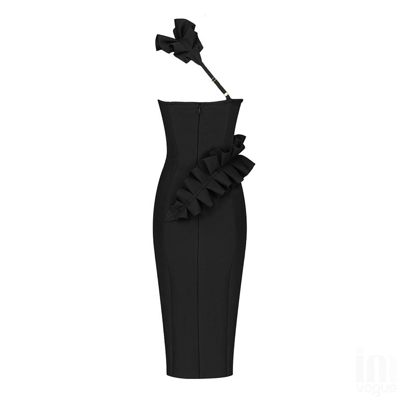 Strapless Ruffle Asymmetric Midi Dress H4236