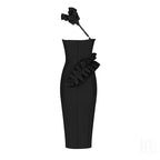 Strapless Ruffle Asymmetric Midi Dress H4236