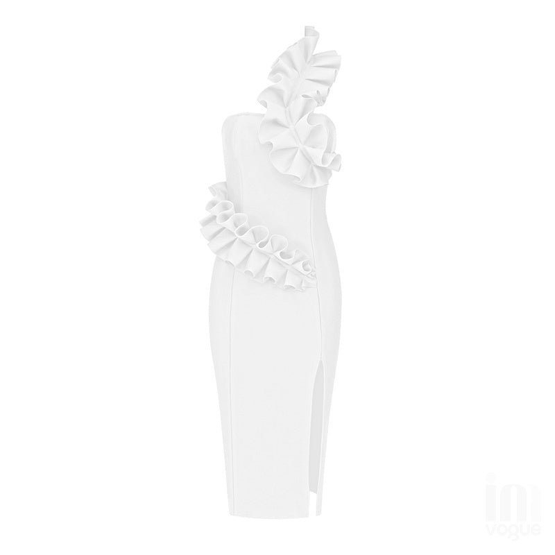 Strapless Ruffle Asymmetric Midi Dress H4236