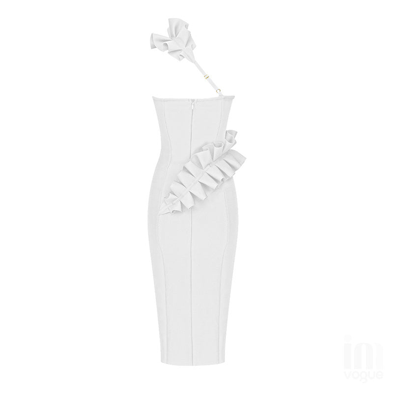 Strapless Ruffle Asymmetric Midi Dress H4236