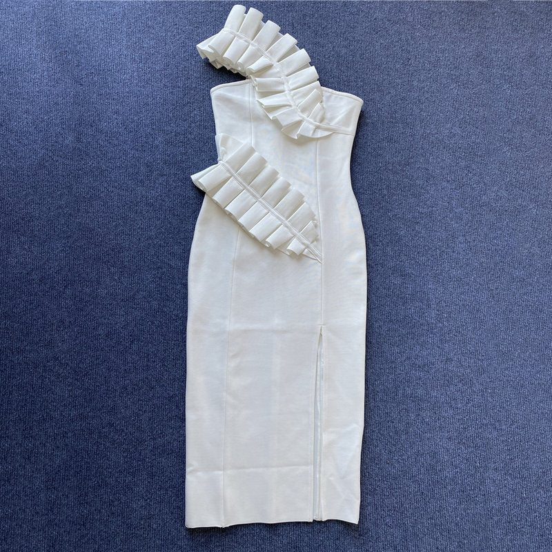Strapless Ruffle Asymmetric Midi Dress H4236