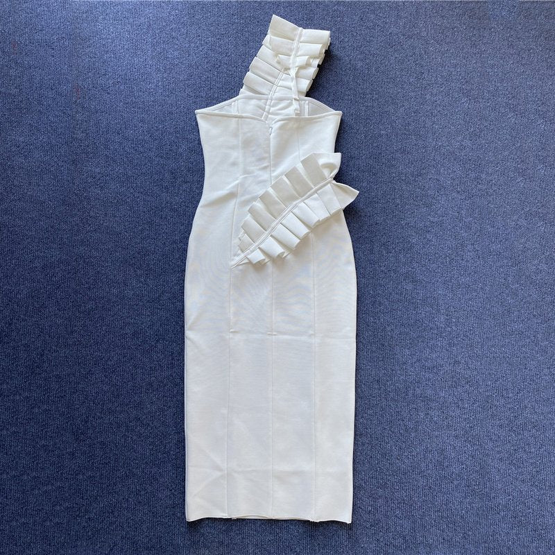 Strapless Ruffle Asymmetric Midi Dress H4236