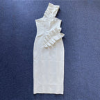 Strapless Ruffle Asymmetric Midi Dress H4236