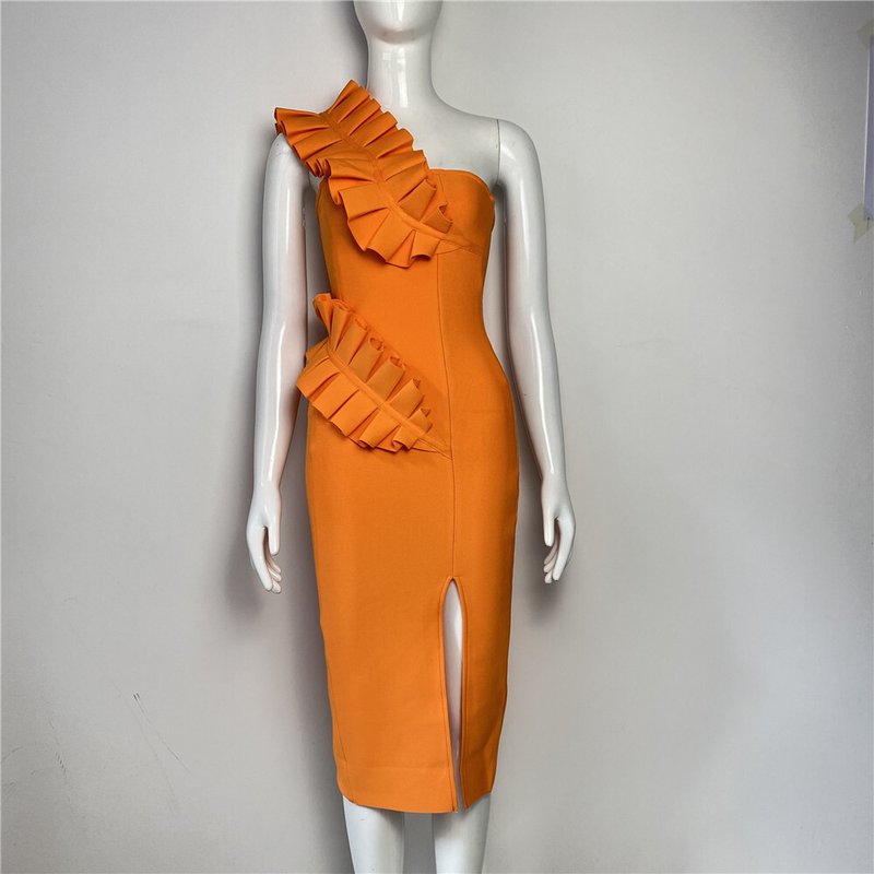 Strapless Ruffle Asymmetric Midi Dress H4236