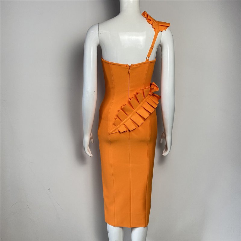 Strapless Ruffle Asymmetric Midi Dress H4236