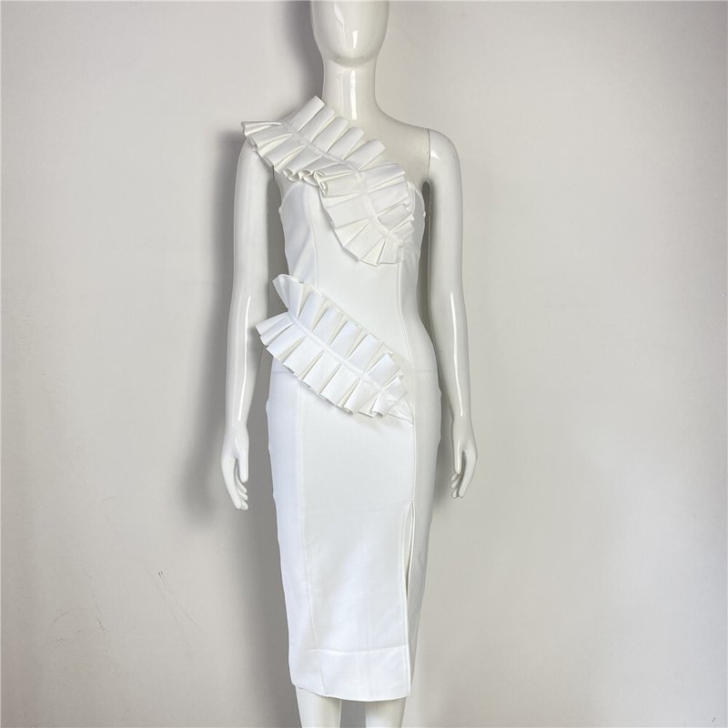 Strapless Ruffle Asymmetric Midi Dress H4236