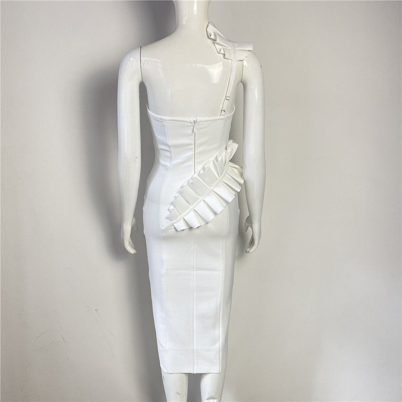 Strapless Ruffle Asymmetric Midi Dress H4236