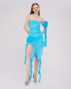Strapless Ruffle Asymmetrical Midi Dress H6016
