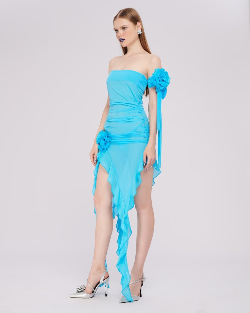Strapless Ruffle Asymmetrical Midi Dress H6016