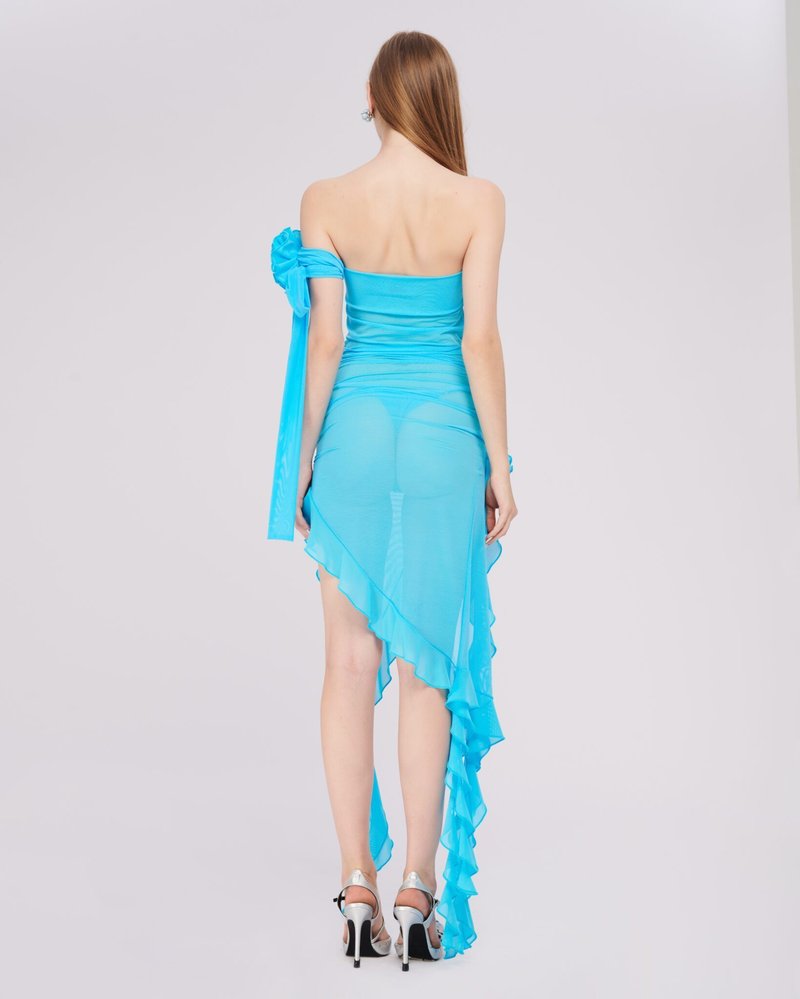 Strapless Ruffle Asymmetrical Midi Dress H6016
