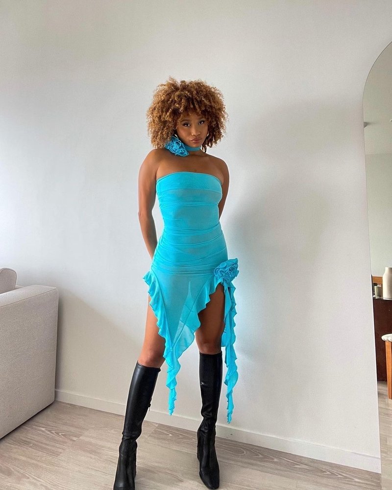 Strapless Ruffle Asymmetrical Midi Dress H6016