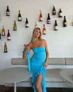 Strapless Ruffle Asymmetrical Midi Dress H6016