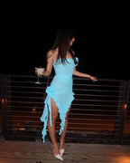 Strapless Ruffle Asymmetrical Midi Dress H6016