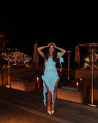 Strapless Ruffle Asymmetrical Midi Dress H6016